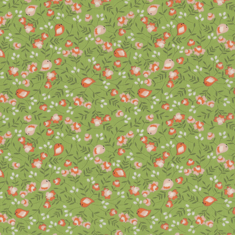 Floral pattern with small birds and leaves on a light green background.