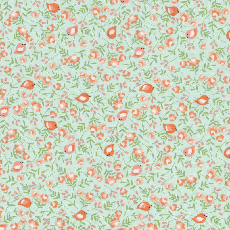 Light green fabric pattern featuring scattered small orange and pink flowers with green leaves.