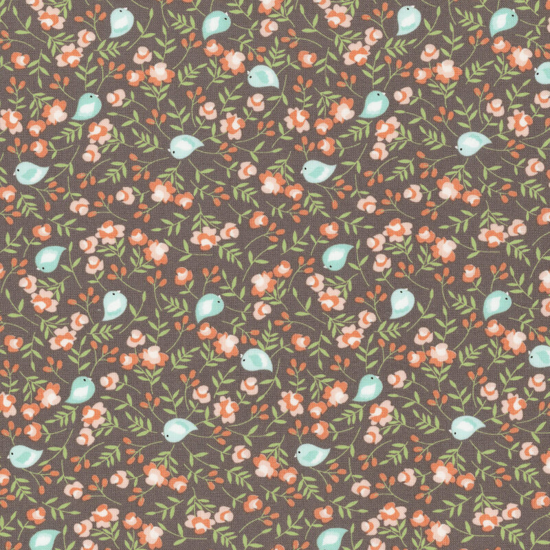 A floral pattern with small blue birds on a dark brown background, surrounded by pink flowers and green leaves.