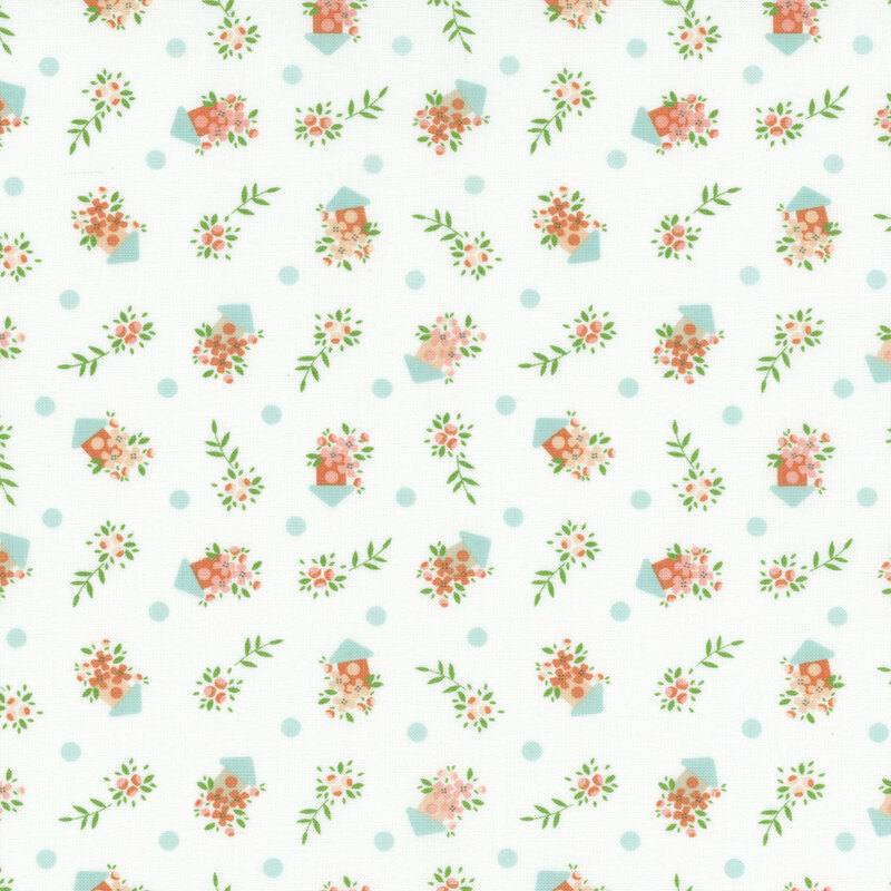 A repeating pattern of small floral arrangements and blue polka dots on a light background.