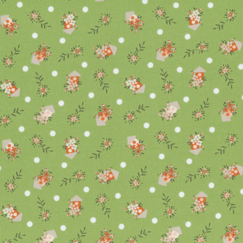 Patterned fabric featuring small flower arrangements and polka dots on a green background.