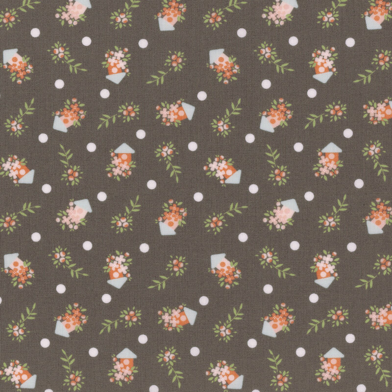 A dark gray fabric pattern featuring small floral arrangements in pots and white polka dots.