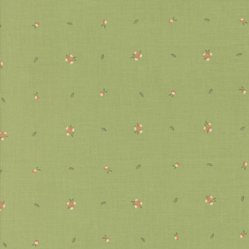 Light green fabric with a scattered pattern of small pink flowers and green leaves.