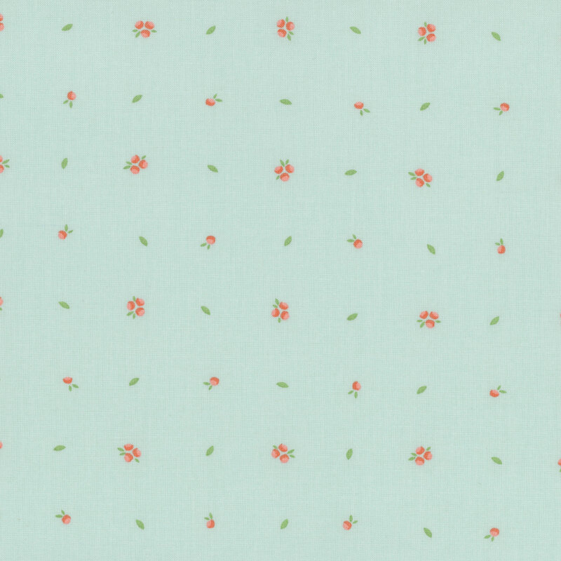 Light mint fabric with small red flowers and green leaves arranged in a scattered pattern.