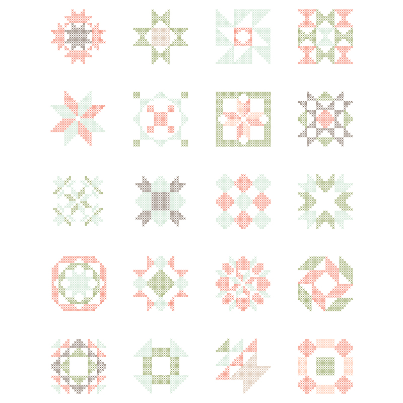 A digital print of a grid with 20 geometric quilt patterns in soft pastel colors, including pink, green, and gray.