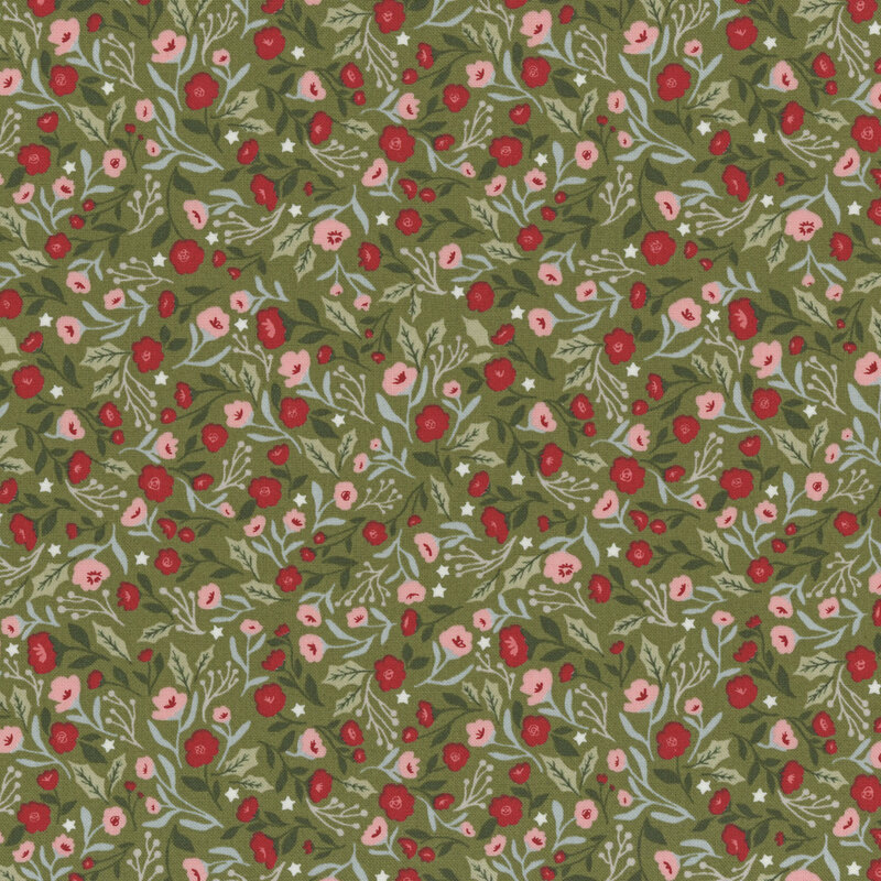 Sage green fabric with packed pink and light pink florals, tonal green leaves, and blue holly accents.