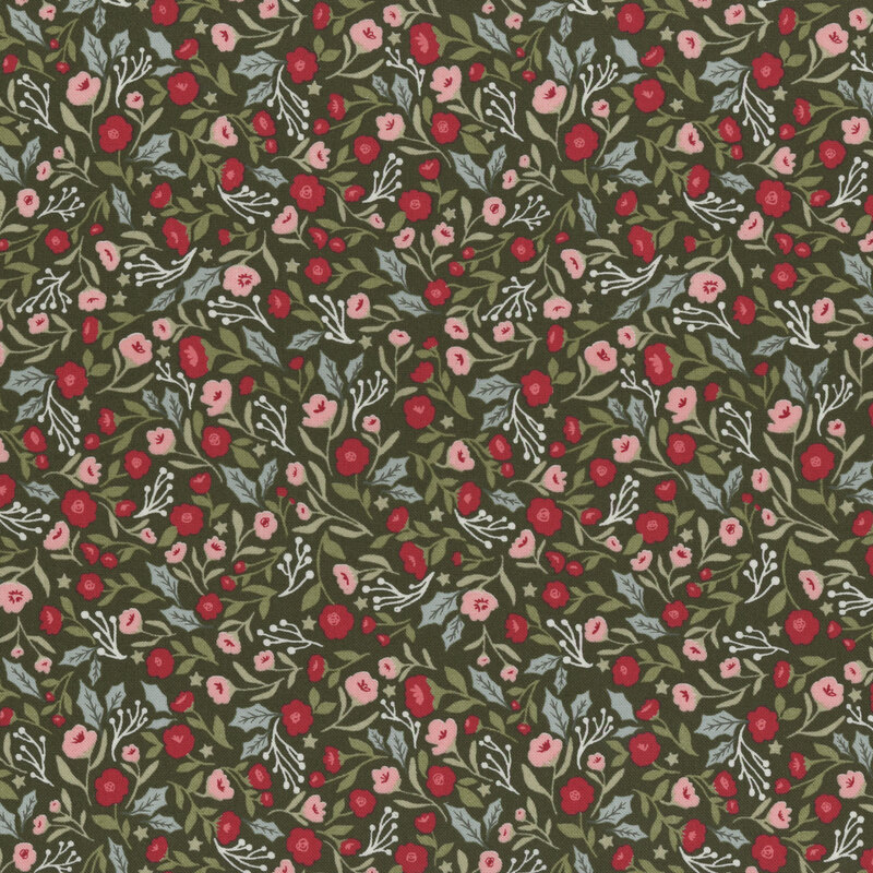 Evergreen fabric with packed pink and light pink florals, sage green leaves, and light blue holly accents.