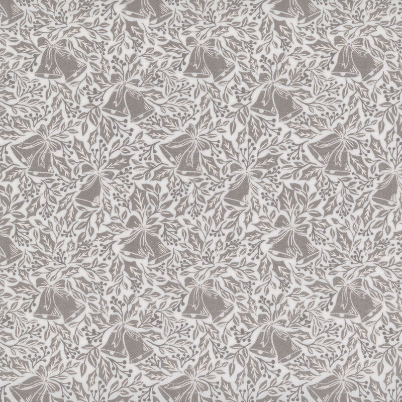 Gray fabric with tonal dark gray pattern of bells, ribbons, and holly with white highlights.