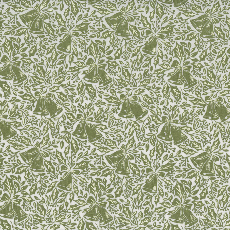 Gray fabric with sage green pattern of bells, ribbons, and holly with white highlights.