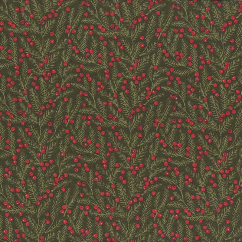 Evergreen fabric with tonal sage green branches and red winter berries.