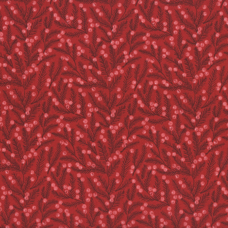 Red fabric with tonal dark red branches and tonal light pink winter berries.