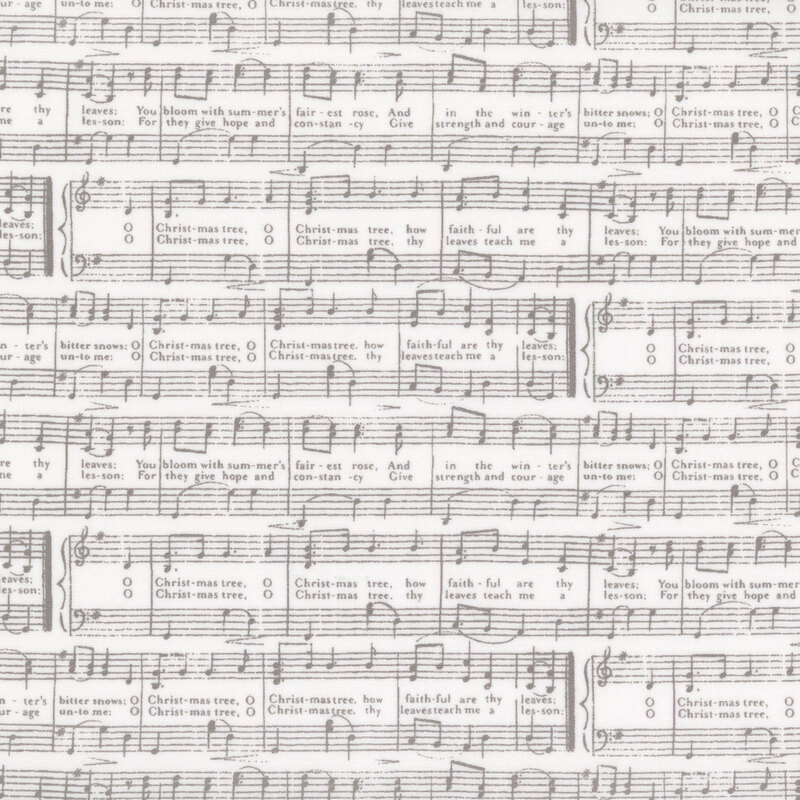 White fabric with a pattern of gray sheet music featuring the lyrics of O Christmas Tree.