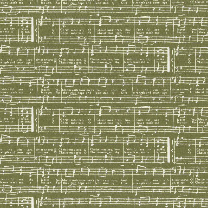 Sage green fabric with a pattern of white sheet music featuring the lyrics of O Christmas Tree.