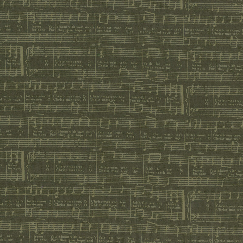 Evergreen fabric with a pattern of tonal sage green sheet music featuring the lyrics of O Christmas Tree.