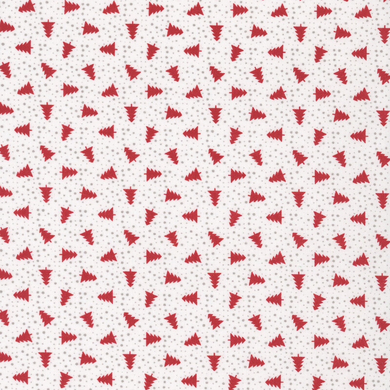 White fabric with tossed red pine trees and scattered gray dots.