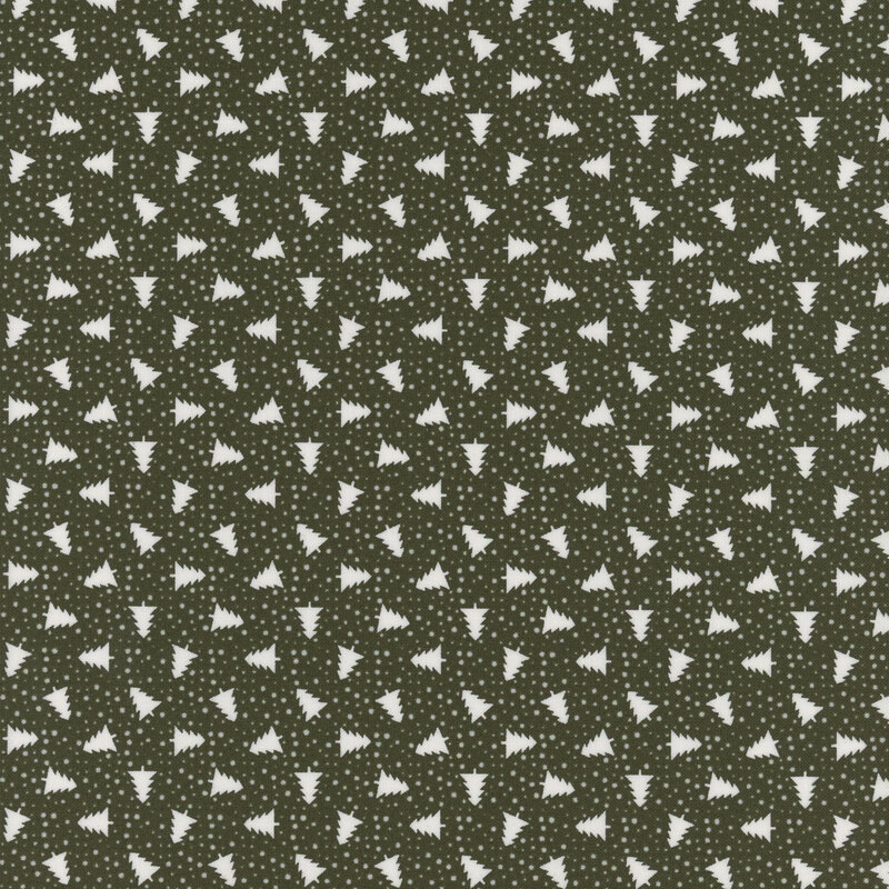 Evergreen fabric with tossed white pine trees and scattered tonal dots.