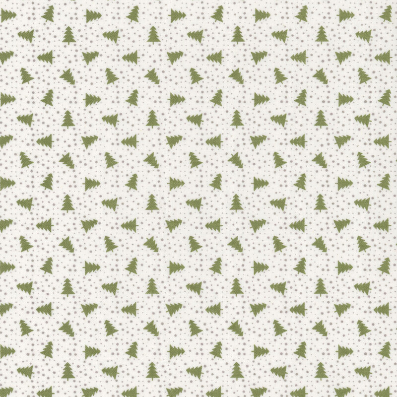 White fabric with tossed green pine trees and scattered gray dots.