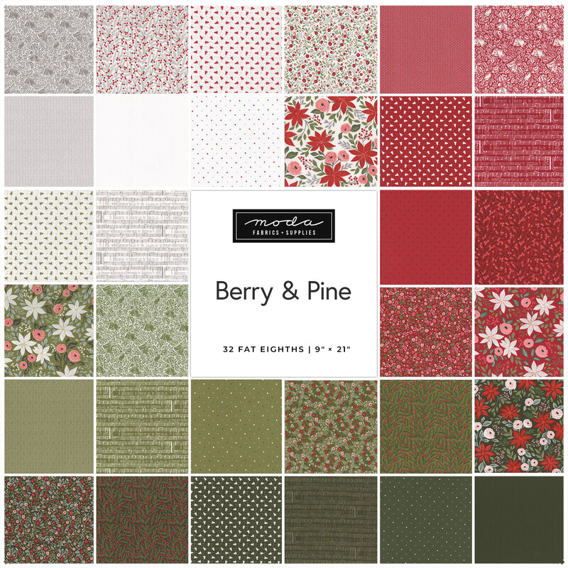 Collage of all the fabrics in the Berry And Pine Fat Eighth set by Moda Fabrics.