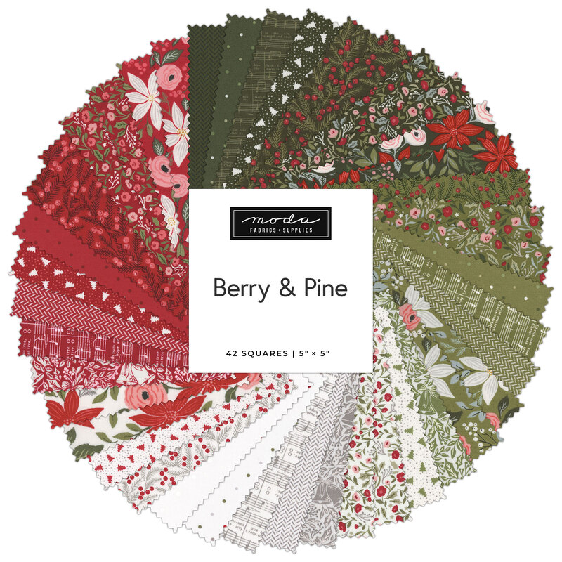 Fanned out collage of the fabrics included in the Berry And Pine Charm Pack.