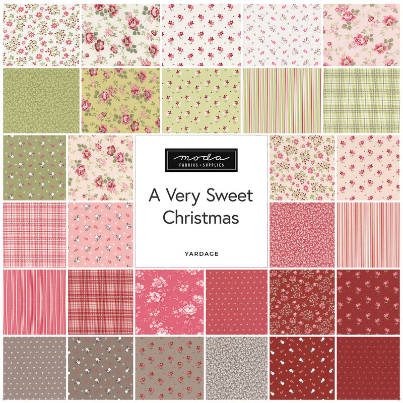 A quilt fabric collection titled A Very Sweet Christmas features floral and festive patterns in pink and green.