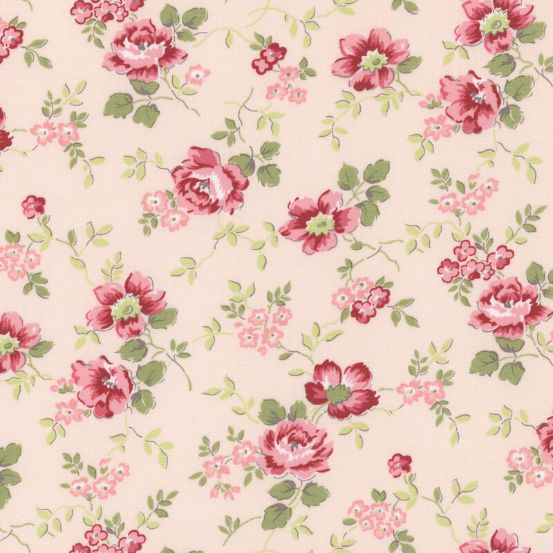 Floral fabric pattern featuring pink and red roses with green leaves on a pale pink background.