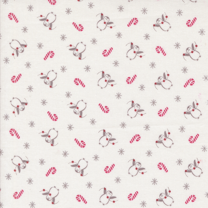 White fabric with a repeated pattern of penguins and red candy canes, surrounded by snowflakes.