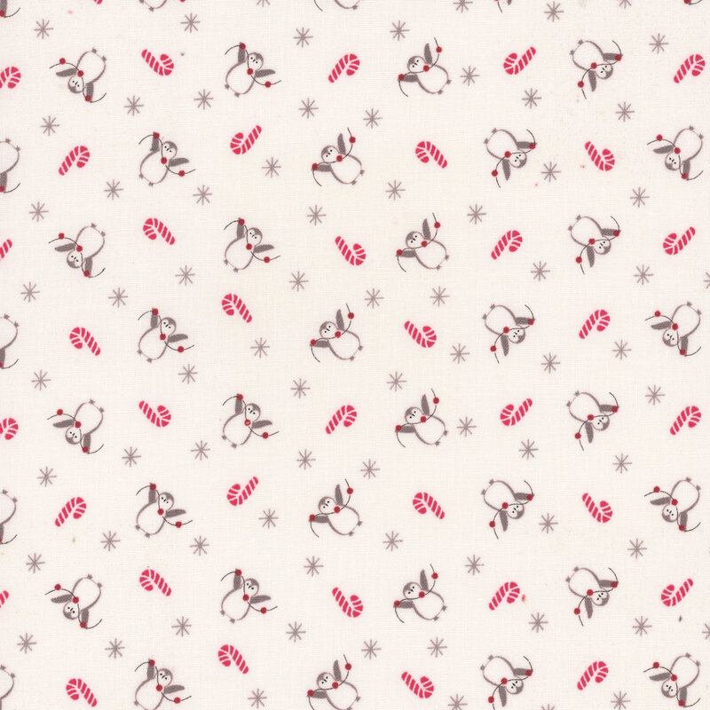 White fabric with a repeated pattern of penguins and red candy canes, surrounded by snowflakes.