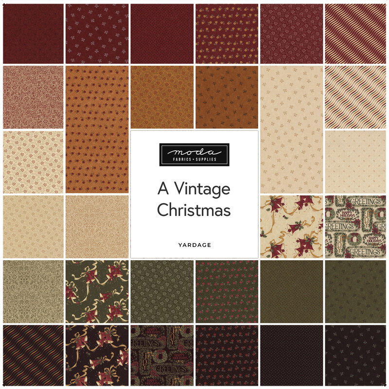 A grid of fabric swatches in vintage Christmas patterns featuring reds, greens, and neutrals.