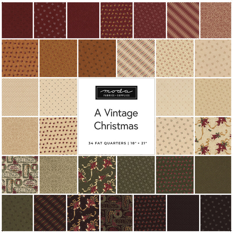 A grid of 34 fabric swatches in holiday colors and patterns, labeled A Vintage Christmas.