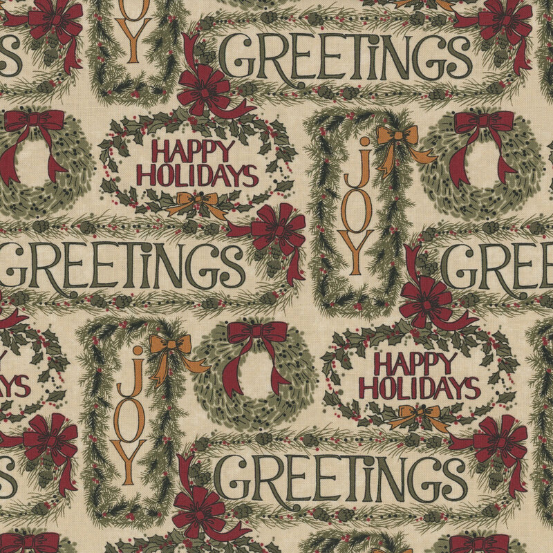 Pattern featuring festive words like Greetings, Joy, and Happy Holidays with holiday wreaths.