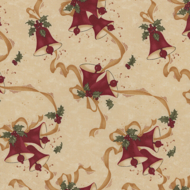 Pattern design featuring red bells, gold ribbons, holly, and musical notes on a beige background.