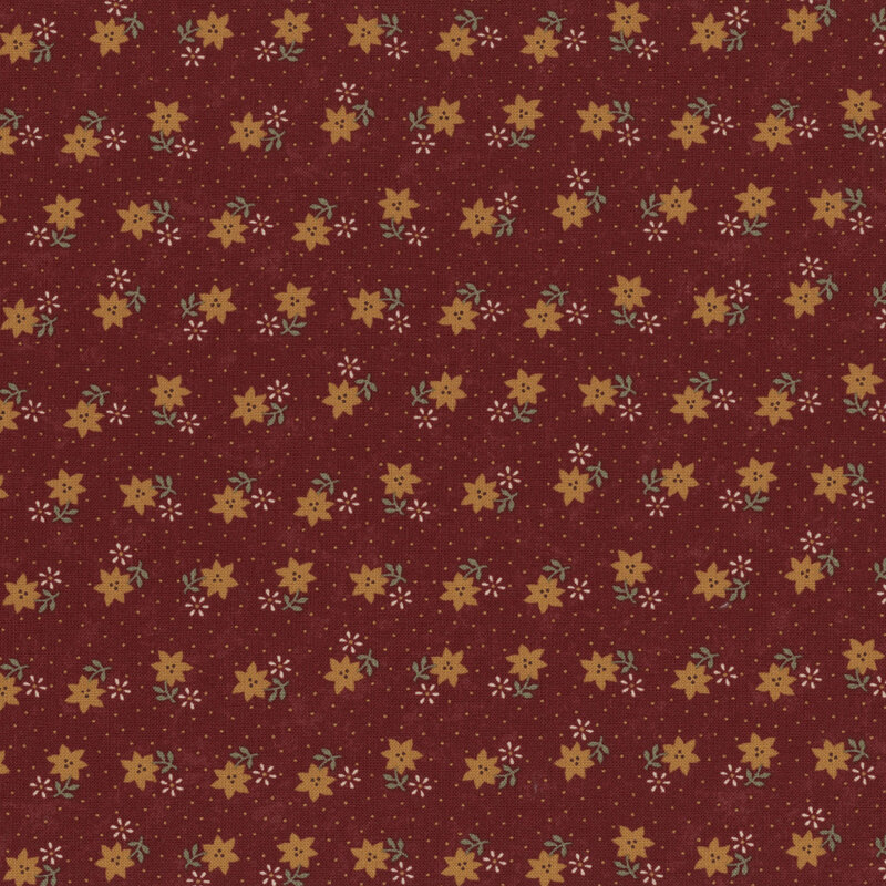 Red fabric pattern featuring small yellow flowers and white dots on a dark red background.