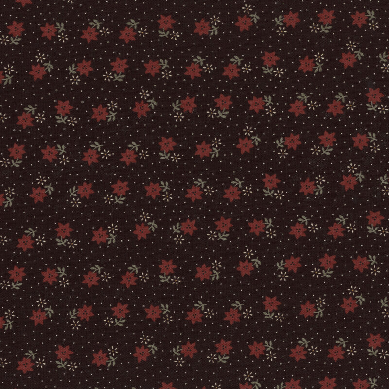 A dark fabric featuring a repeating pattern of red flowers and small white accents.