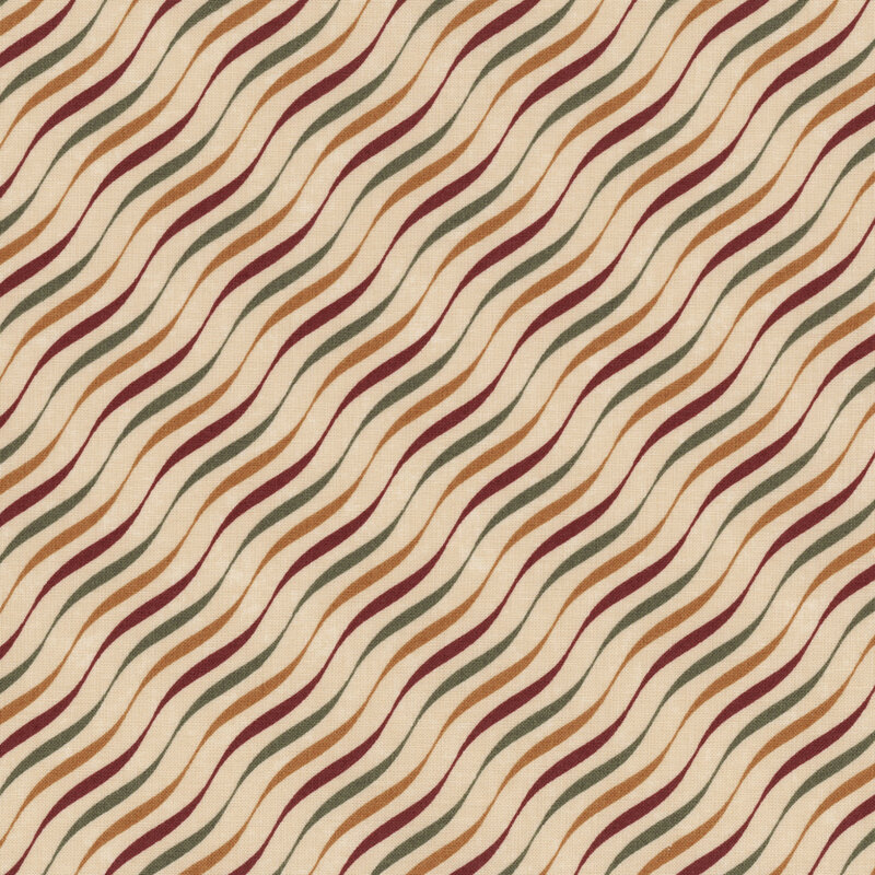 Wavy pattern in warm tones of red, brown, green, and cream on a light background.