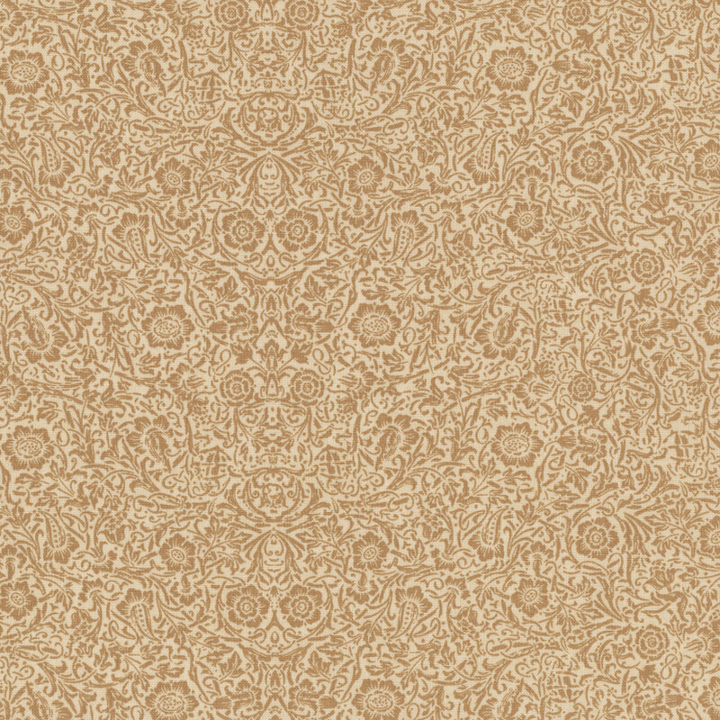 Intricate beige patterned wallpaper with floral and paisley designs.