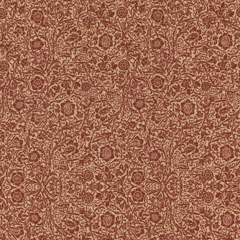 Decorative fabric pattern featuring intricate floral and geometric designs in earthy red tones.