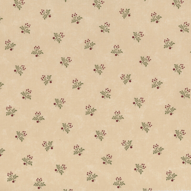 Light beige background patterned with small clusters of green leaves and red flowers.