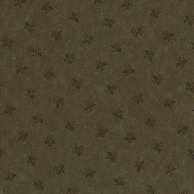 Repeating small floral pattern in muted green and brown tones on a textured background.