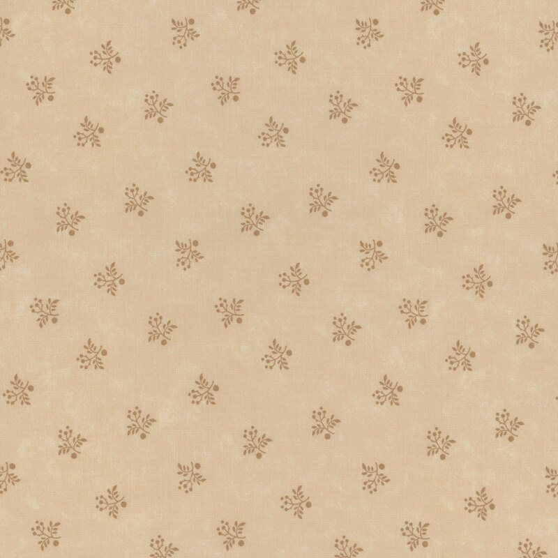 Light beige fabric texture with a repeating pattern of small floral motifs in muted colors.