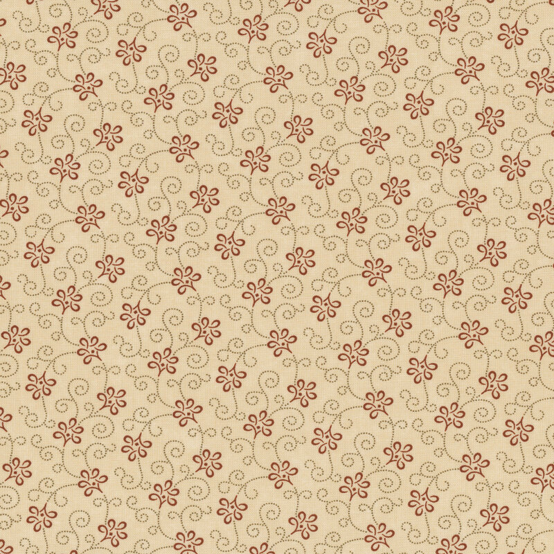 Floral pattern on a light beige background featuring small red flowers and swirling vines.