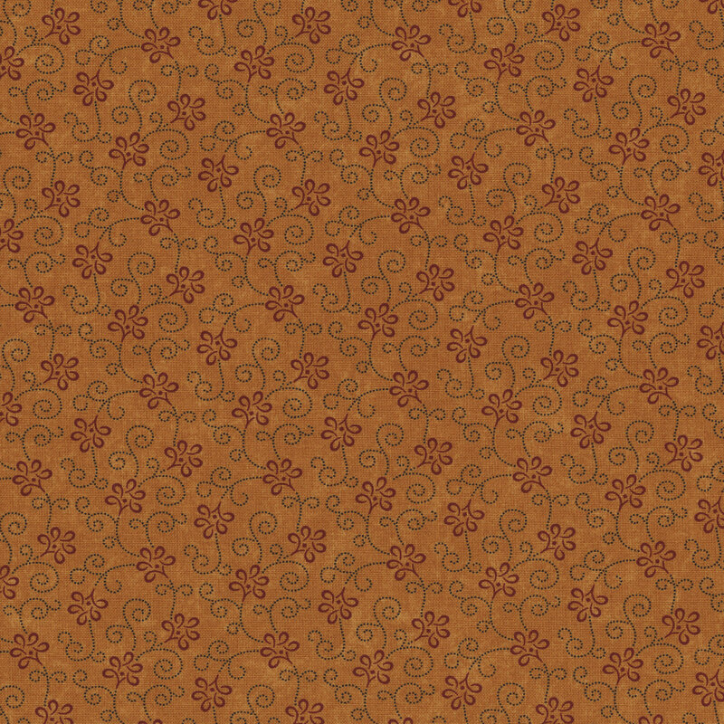 Repeating floral pattern on a brown background with swirling vines.