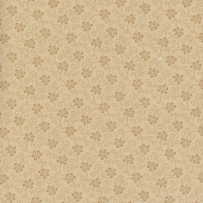 Light beige background with a delicate floral pattern of small brown flowers and swirling vines.