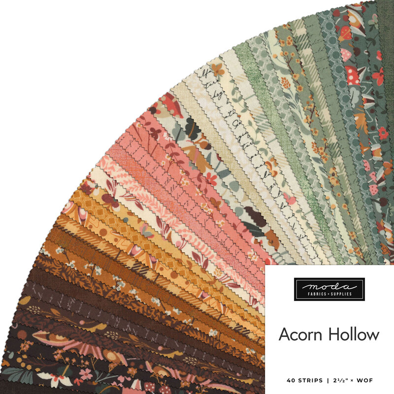 A fanned collage of the brown, gold, green, pink, and cream fabrics included in the Acorn Hollow Jelly Roll.