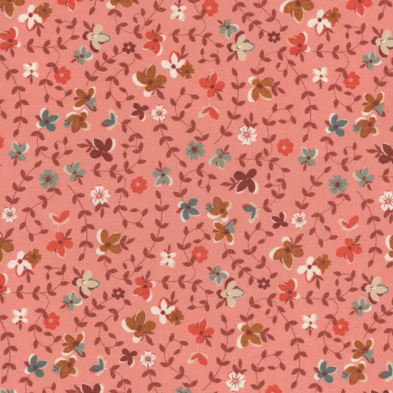 Pink fabric with scattered flowers and sprawling vines.