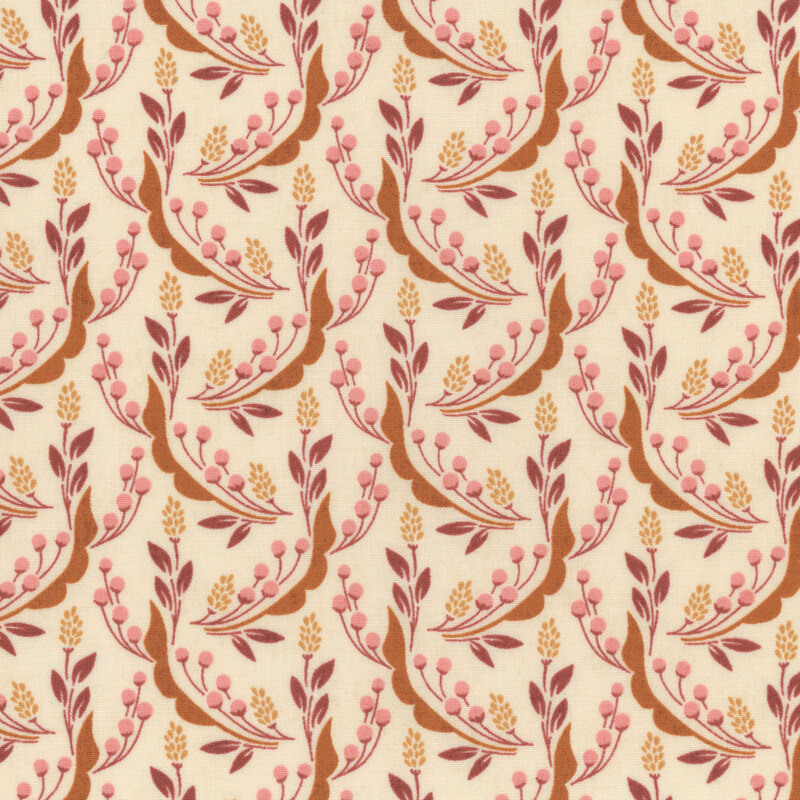 Cream fabric with a floral pattern of pink, cream, and brown vines and blossoms.