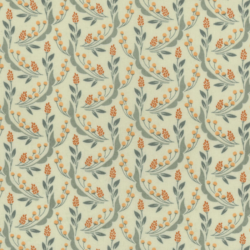 Light sage fabric with a floral pattern of yellow, green, and orange vines and blossoms.