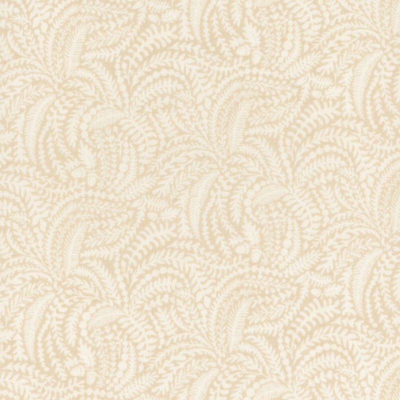 Ecru fabric with a packed pattern of delicate ferns in on a cream background.