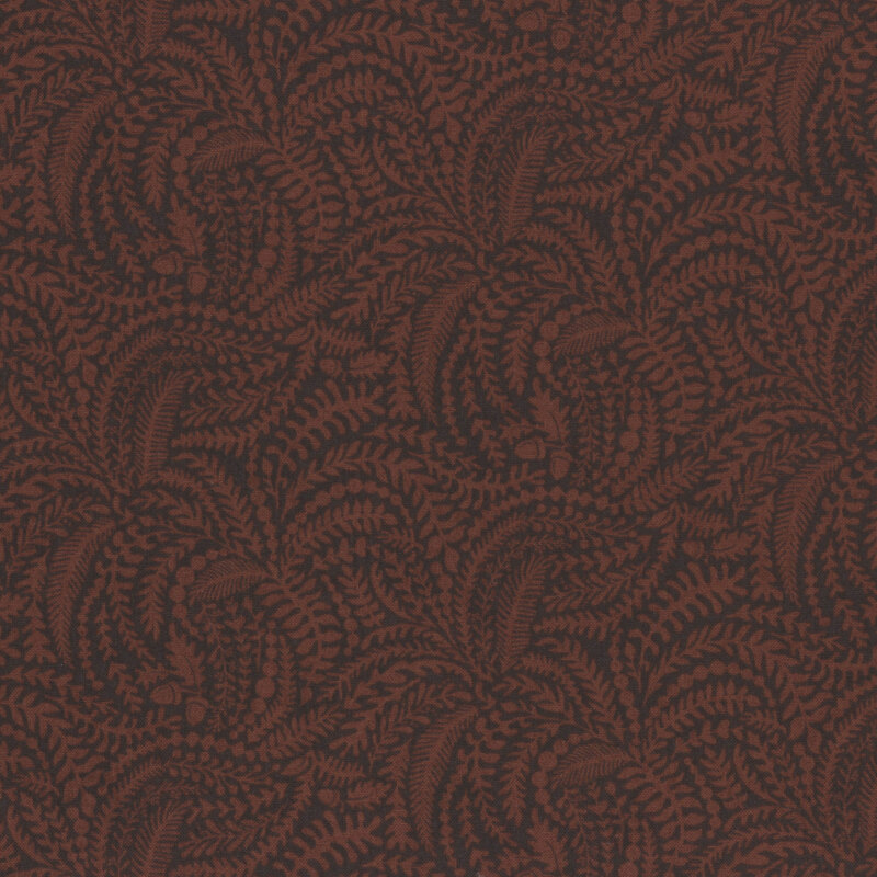 Tonal brown fabric with a packed pattern of delicate ferns in on a dark background.