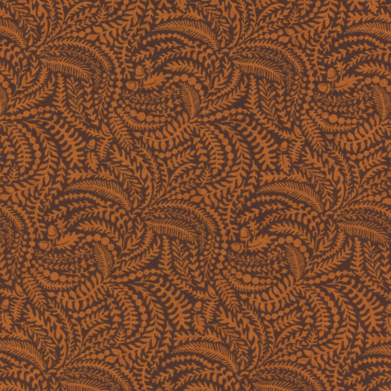 Yam fabric with a packed pattern of delicate ferns in on a dark background.