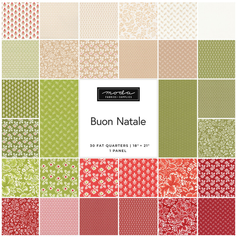 Collage of the fabrics included in the Buon Natale Fat Quarter Set.